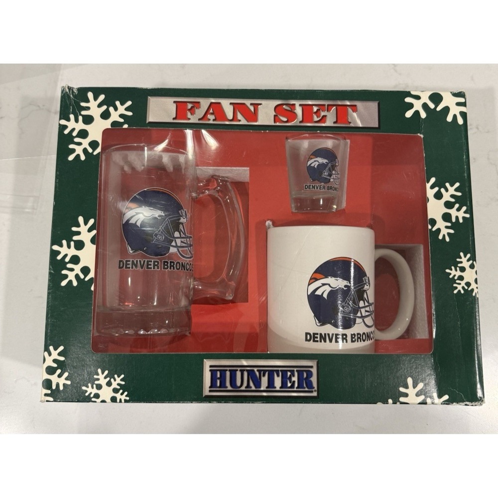 HUNTER Fan Collector Set Denver Bronco's NFL Beer Mug Coffee Cup Shot Glass NIB